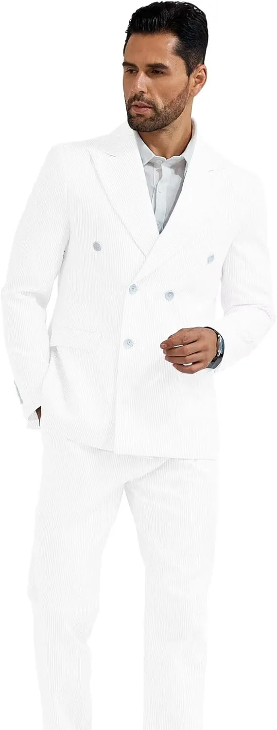 High-End Suits Men's Striped Seersucker Suits 2 Piece Slim Fit Wedding Double Breasted Tuxedo Summer Beach Suits Sets