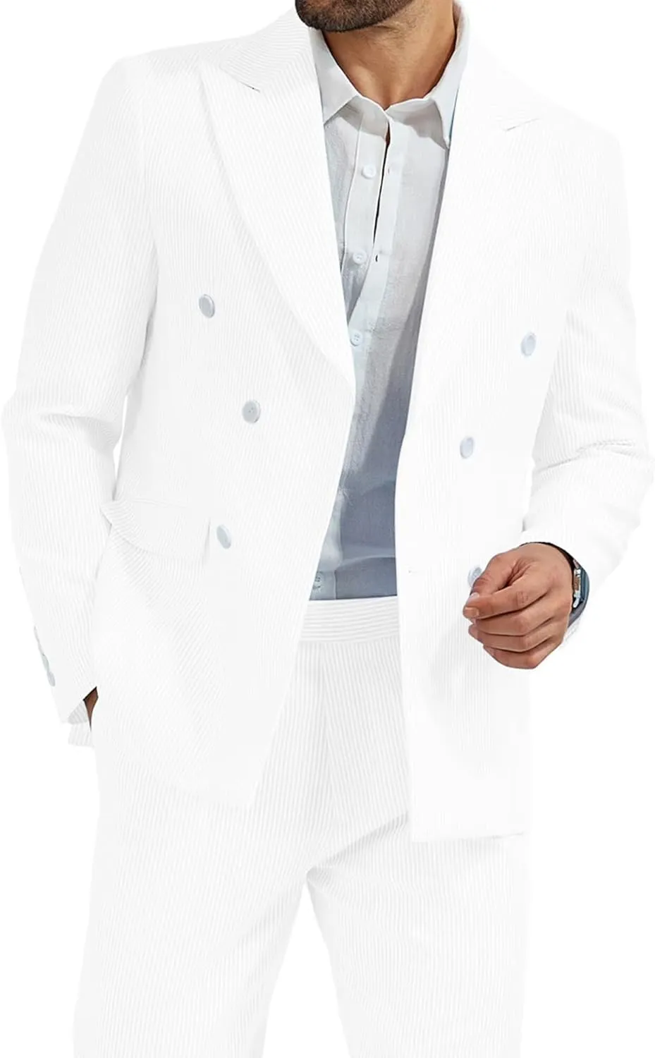 High-End Suits Men's Striped Seersucker Suits 2 Piece Slim Fit Wedding Double Breasted Tuxedo Summer Beach Suits Sets