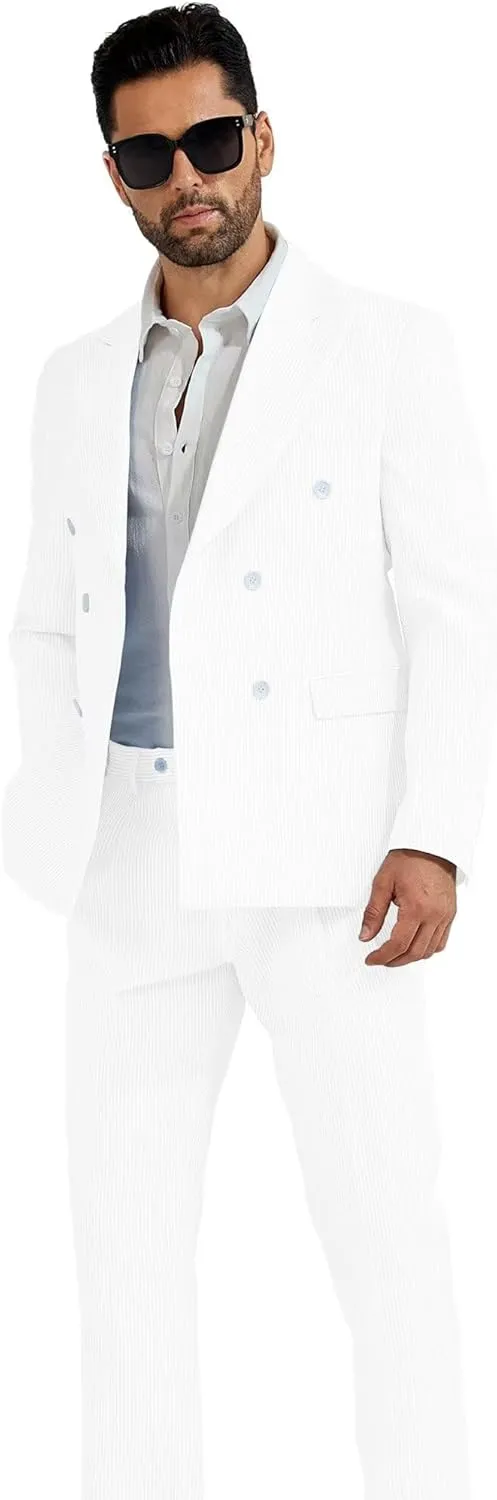 High-End Suits Men's Striped Seersucker Suits 2 Piece Slim Fit Wedding Double Breasted Tuxedo Summer Beach Suits Sets
