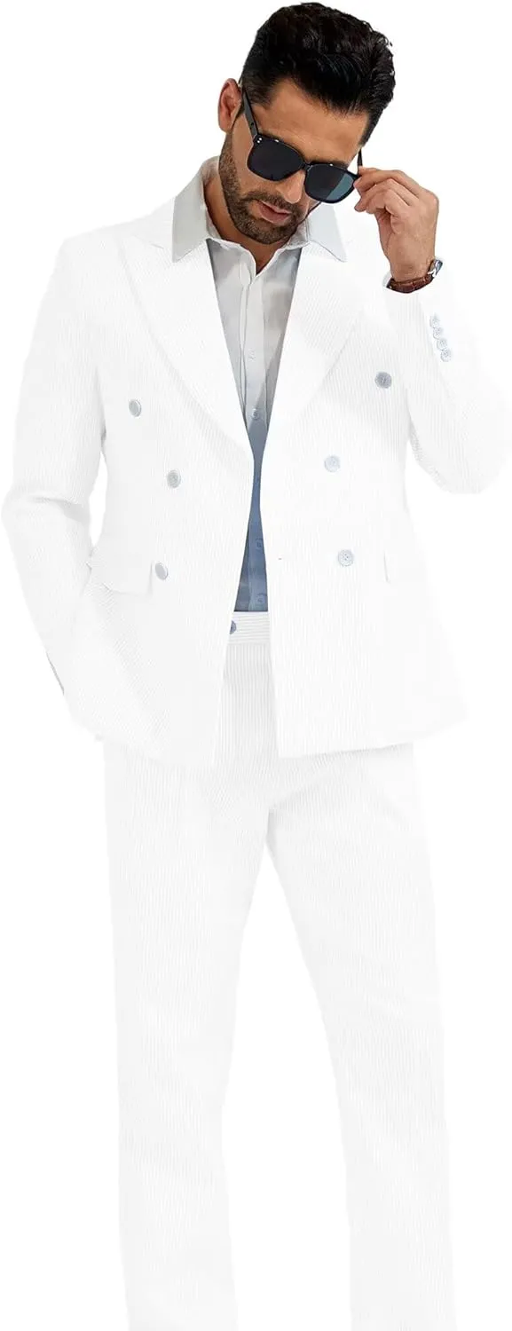High-End Suits Men's Striped Seersucker Suits 2 Piece Slim Fit Wedding Double Breasted Tuxedo Summer Beach Suits Sets