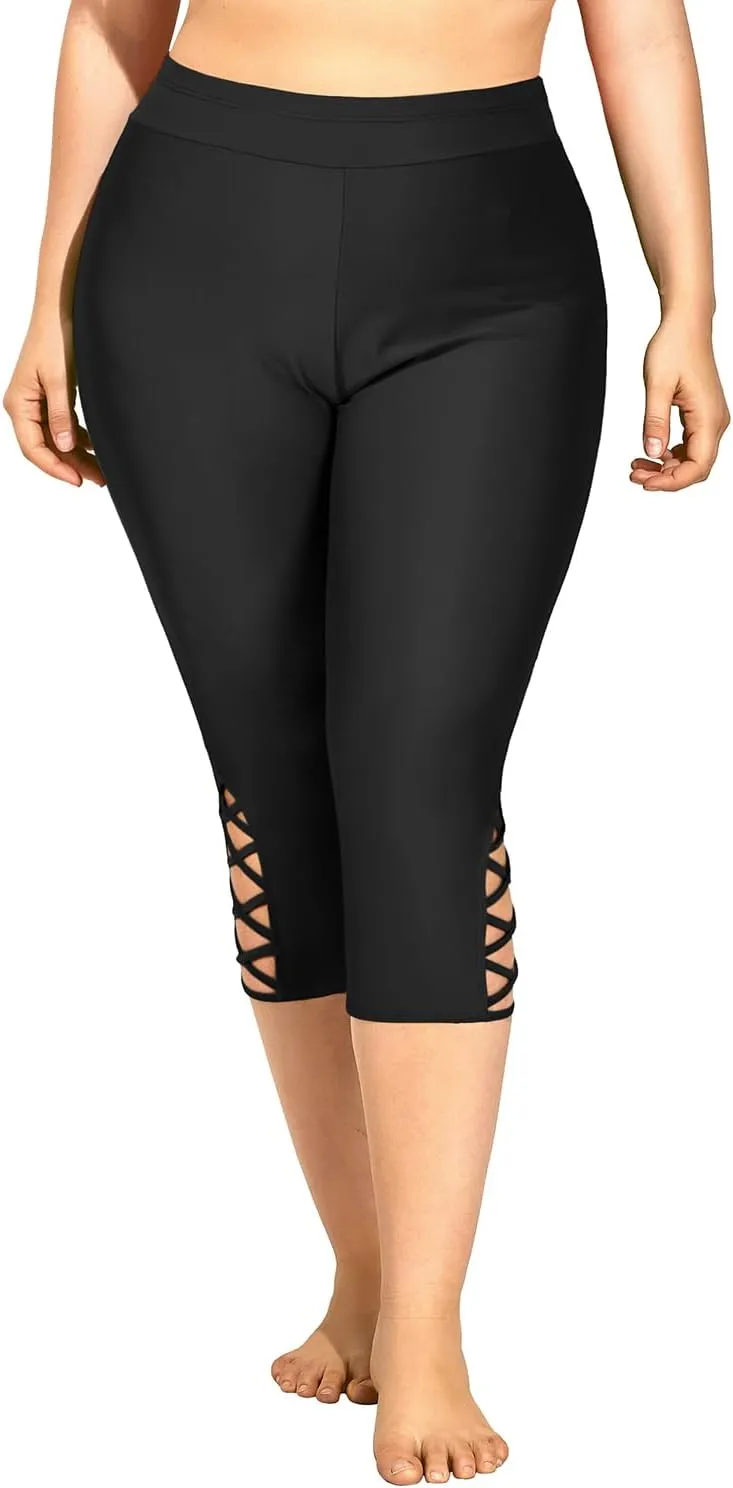 Holipick Plus Size Swim Pants for Women Swim Capris High Waisted Swim Leggings UPF 50  Long Swim Shorts