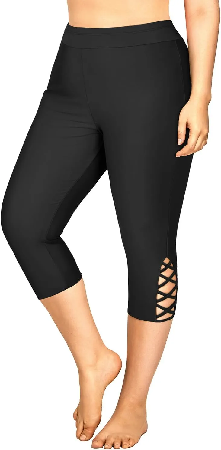 Holipick Plus Size Swim Pants for Women Swim Capris High Waisted Swim Leggings UPF 50  Long Swim Shorts