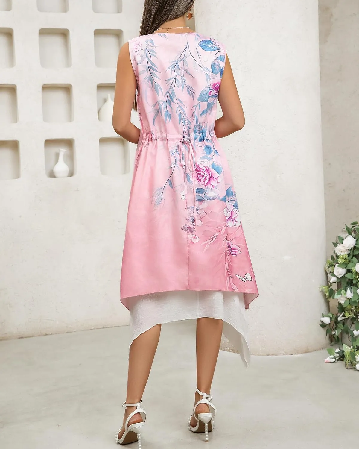 Honwenle Women's Linen Dress 2 Piece Outfit Floral Sleeveless Loose Maxi Summer Dresses with Jacket Formal Casual