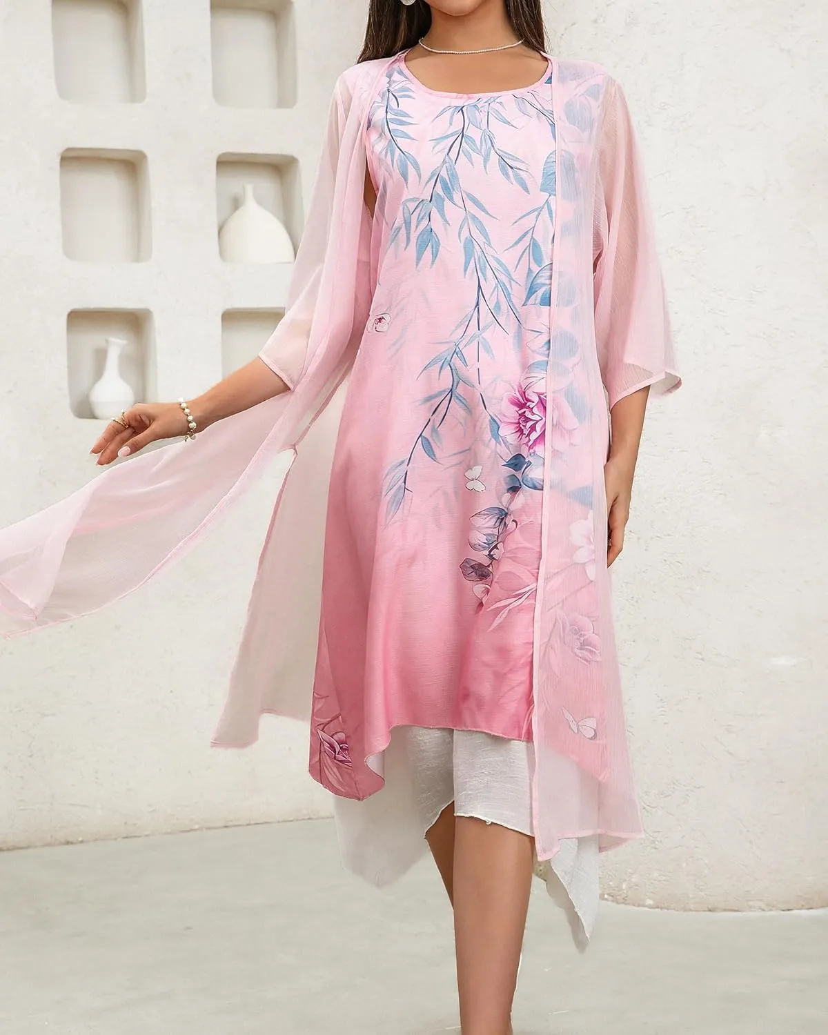 Honwenle Women's Linen Dress 2 Piece Outfit Floral Sleeveless Loose Maxi Summer Dresses with Jacket Formal Casual