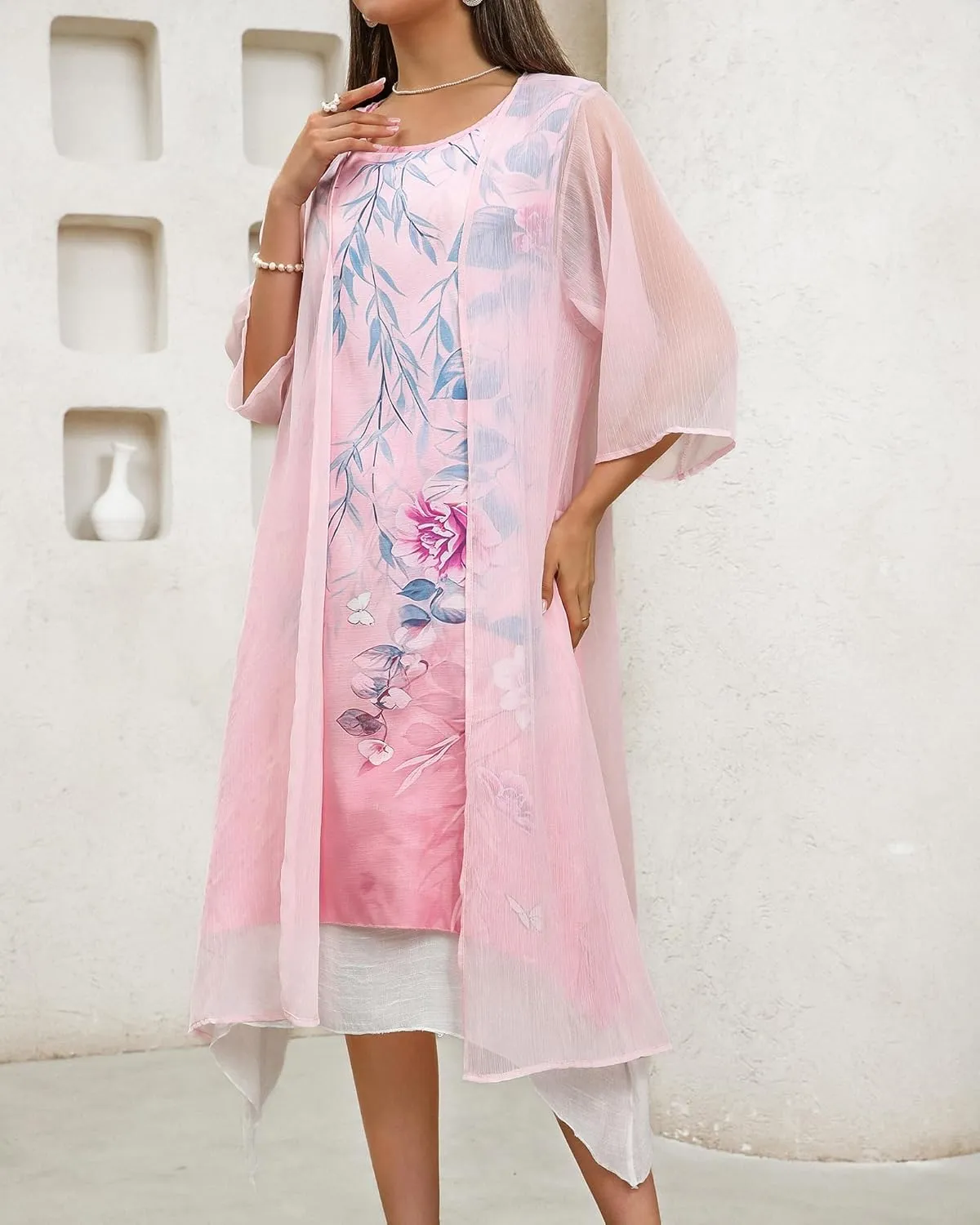 Honwenle Women's Linen Dress 2 Piece Outfit Floral Sleeveless Loose Maxi Summer Dresses with Jacket Formal Casual