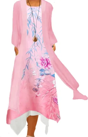 Honwenle Women's Linen Dress 2 Piece Outfit Floral Sleeveless Loose Maxi Summer Dresses with Jacket Formal Casual