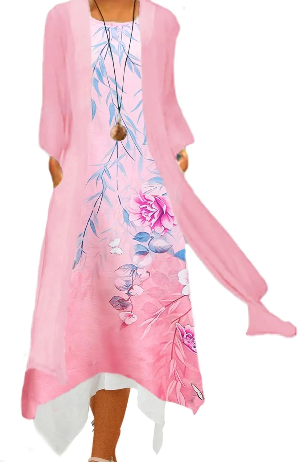 Honwenle Women's Linen Dress 2 Piece Outfit Floral Sleeveless Loose Maxi Summer Dresses with Jacket Formal Casual
