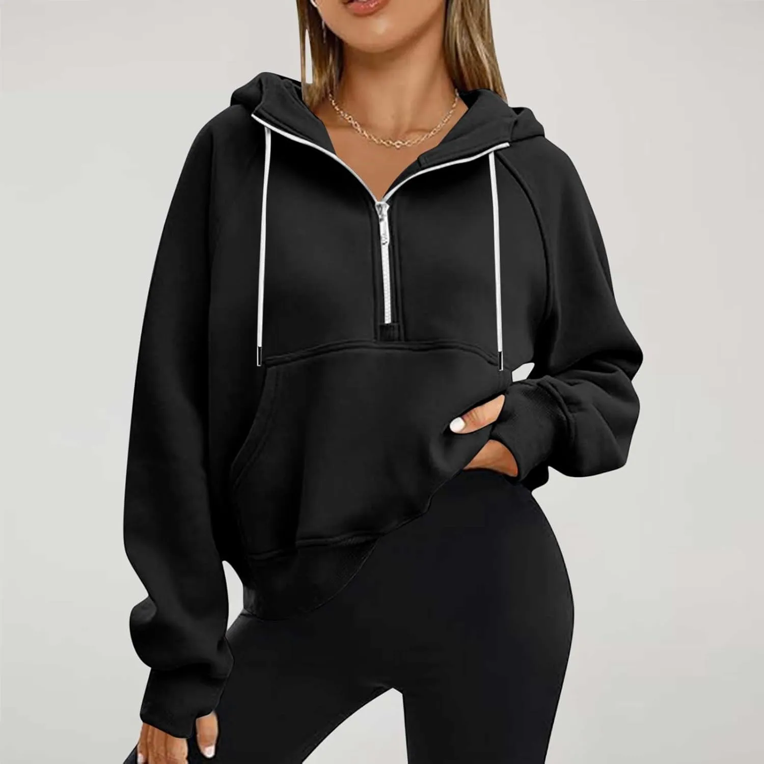 Hoodies for Women Crop Zip Up Sweatshirts Casual Loose Fit Pullover Womens Fashion Vacation Party Tops Thumb Hole