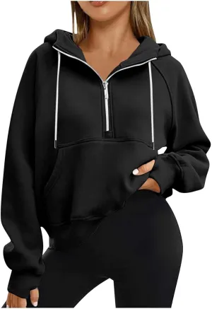 Hoodies for Women Crop Zip Up Sweatshirts Casual Loose Fit Pullover Womens Fashion Vacation Party Tops Thumb Hole