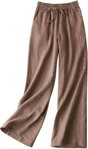 IDEALSANXUN Womens Casual Elastic Waist Cotton Linen Straight Leg Pants Loose Fit Palazzo Pants
