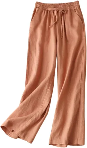 IDEALSANXUN Womens Casual Elastic Waist Cotton Linen Straight Leg Pants Loose Fit Palazzo Pants