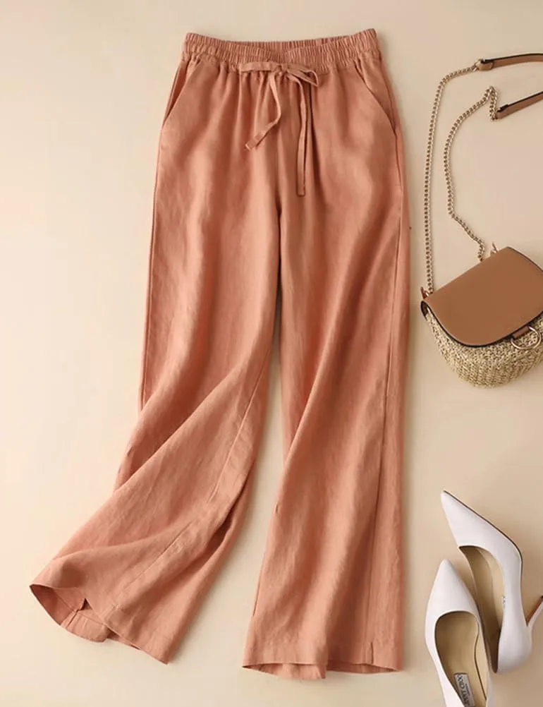 IDEALSANXUN Womens Casual Elastic Waist Cotton Linen Straight Leg Pants Loose Fit Palazzo Pants