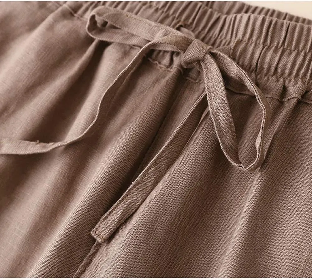 IDEALSANXUN Womens Casual Elastic Waist Cotton Linen Straight Leg Pants Loose Fit Palazzo Pants