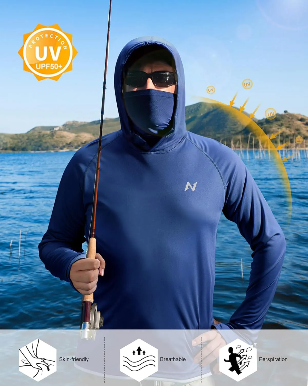 isnowood Sun Shirt UPF 50  Men's Fishing Long Sleeve Hooded Rash Guard Hiking Swimming Running UV Protection Hoodie