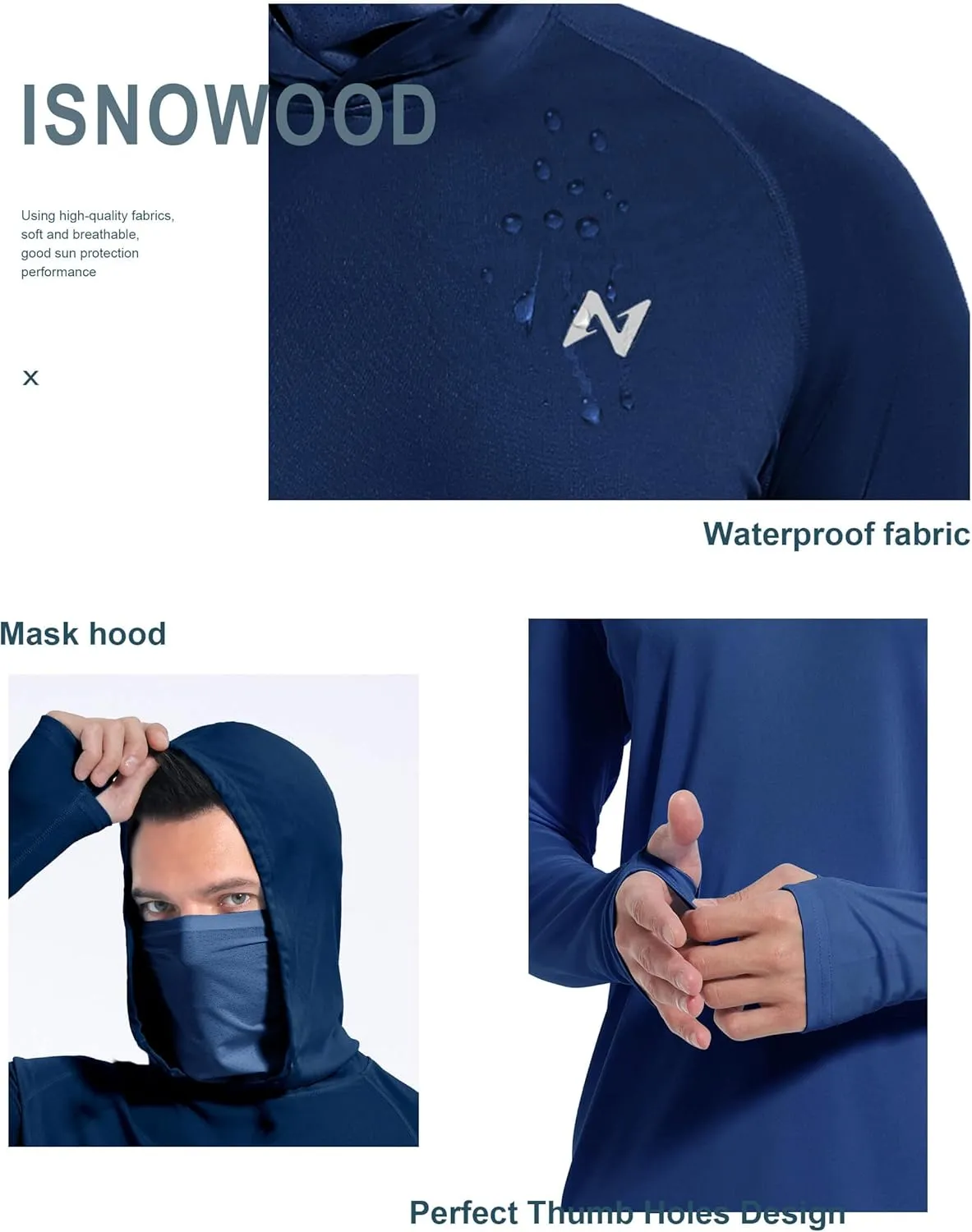 isnowood Sun Shirt UPF 50  Men's Fishing Long Sleeve Hooded Rash Guard Hiking Swimming Running UV Protection Hoodie