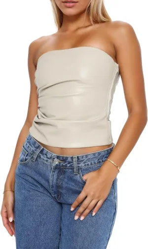 ISZPLUSH Womens Tube Cropped Camisole Tops Sexy Ruched Strapless PU Leather Club Party Y2K Going Out Outfit Bandeau