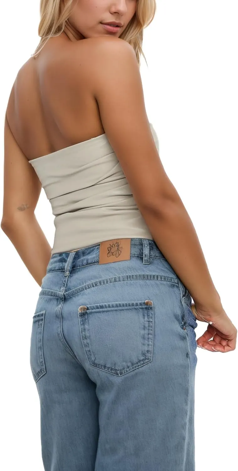ISZPLUSH Womens Tube Cropped Camisole Tops Sexy Ruched Strapless PU Leather Club Party Y2K Going Out Outfit Bandeau