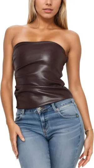 ISZPLUSH Womens Tube Cropped Camisole Tops Sexy Ruched Strapless PU Leather Club Party Y2K Going Out Outfit Bandeau