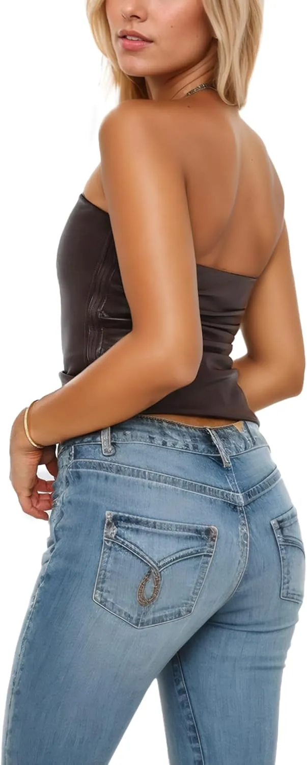 ISZPLUSH Womens Tube Cropped Camisole Tops Sexy Ruched Strapless PU Leather Club Party Y2K Going Out Outfit Bandeau