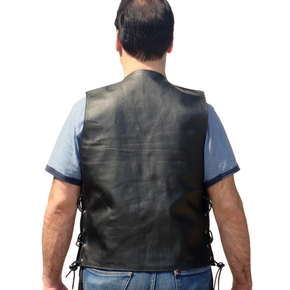 Jafrum Denim Style Straight Bottom Side Laced Cowhide Motorcycle Leather Vest