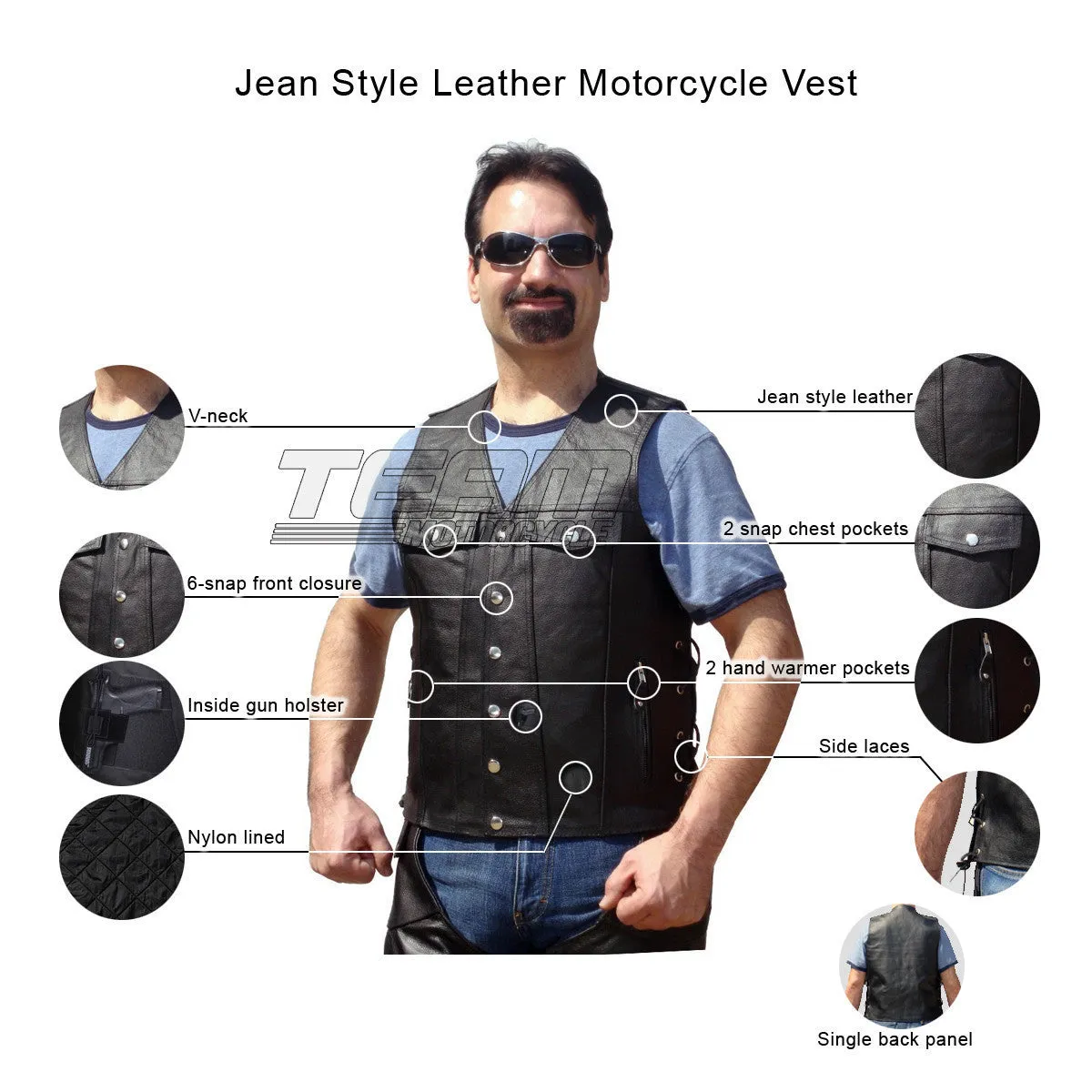 Jafrum Denim Style Straight Bottom Side Laced Cowhide Motorcycle Leather Vest