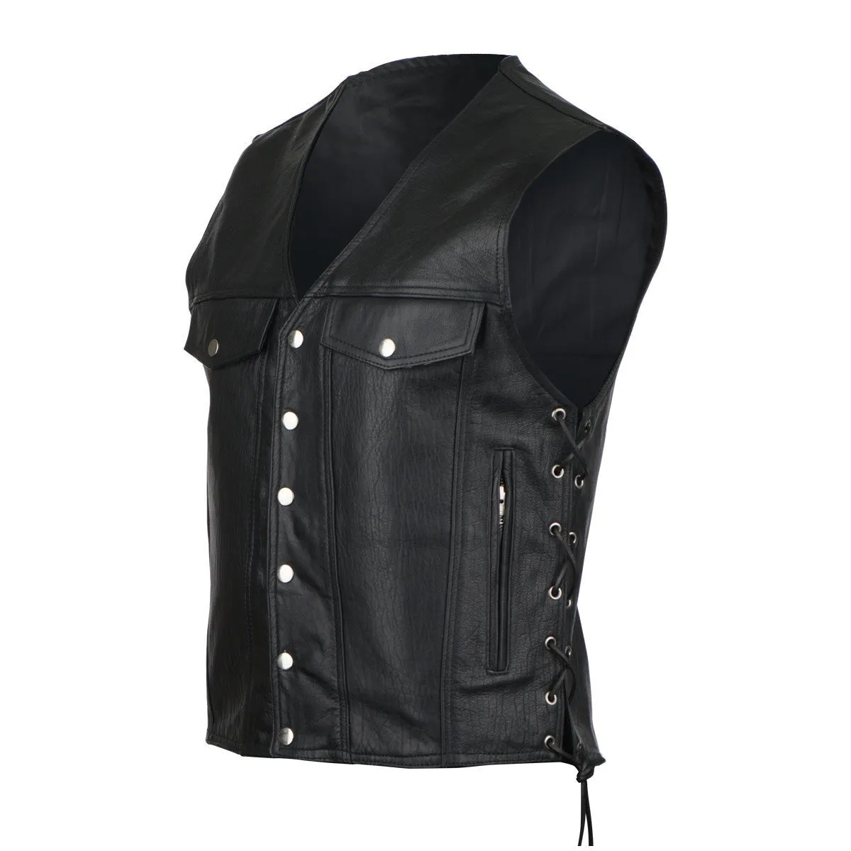 Jafrum Denim Style Straight Bottom Side Laced Cowhide Motorcycle Leather Vest