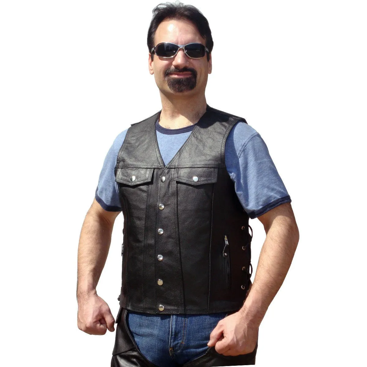 Jafrum Denim Style Straight Bottom Side Laced Cowhide Motorcycle Leather Vest