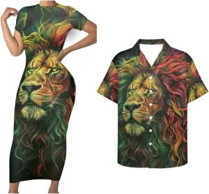 Jamaican 2 Piece Set Couple Outfits Women Jamaica Flag Short Sleeve Skinny Slim Dress Men's Shirt