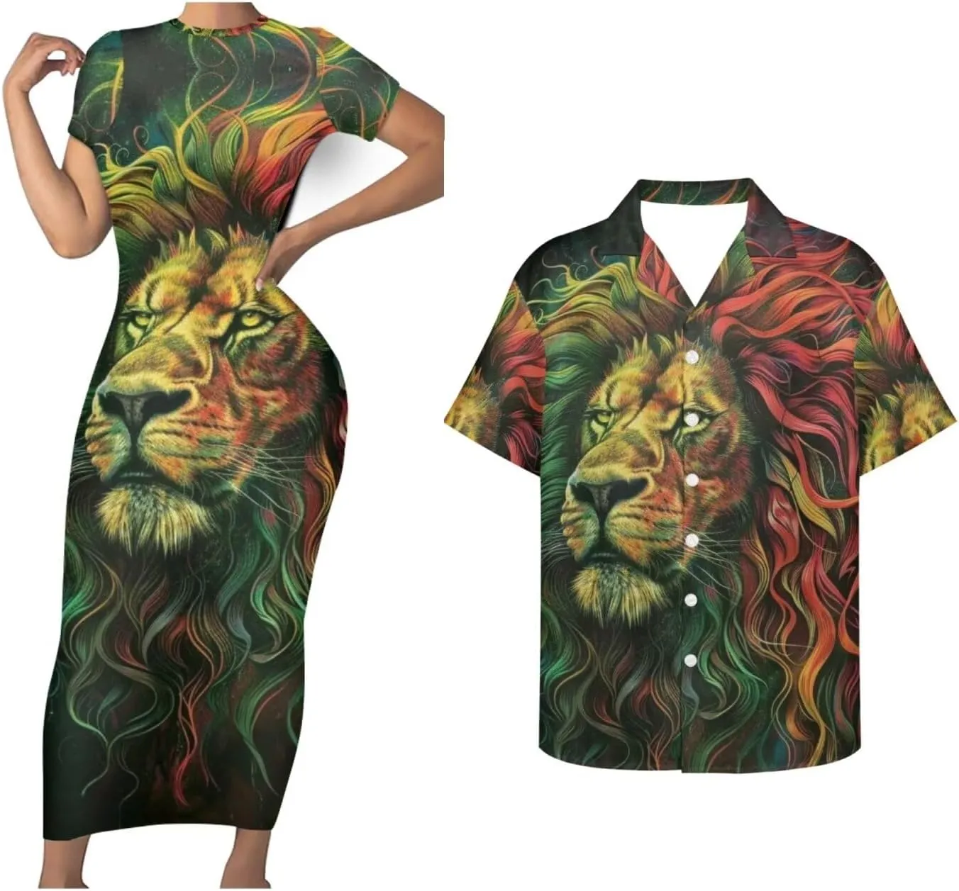 Jamaican 2 Piece Set Couple Outfits Women Jamaica Flag Short Sleeve Skinny Slim Dress Men's Shirt