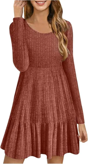 JOAU Women's Casual Round Neck Long Sleeve Ribbed Knit Dress High Waist Ruffle Hem A Line Tiered Swing Stretchy Mini Dresses