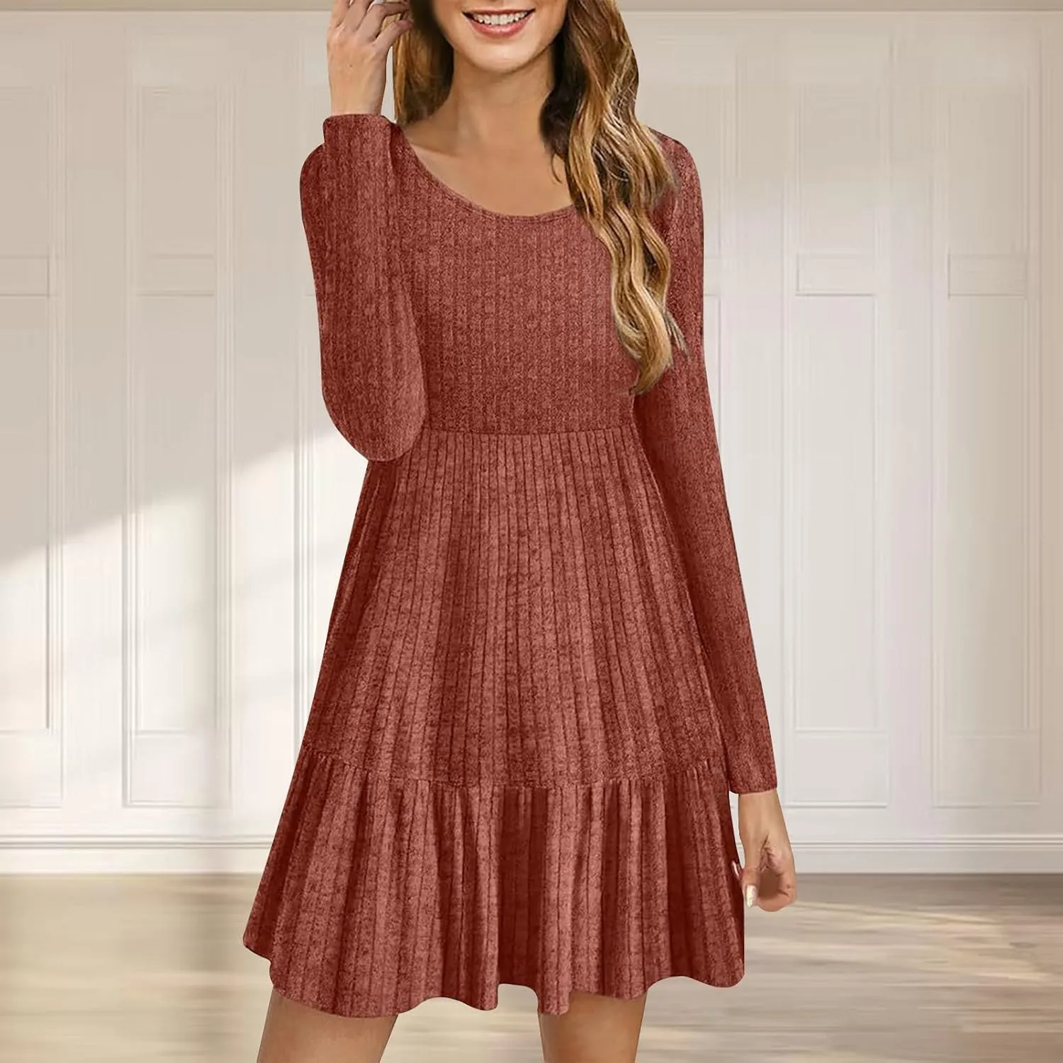 JOAU Women's Casual Round Neck Long Sleeve Ribbed Knit Dress High Waist Ruffle Hem A Line Tiered Swing Stretchy Mini Dresses