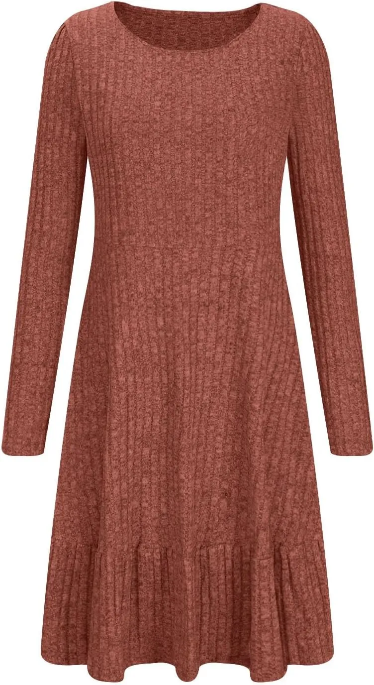 JOAU Women's Casual Round Neck Long Sleeve Ribbed Knit Dress High Waist Ruffle Hem A Line Tiered Swing Stretchy Mini Dresses