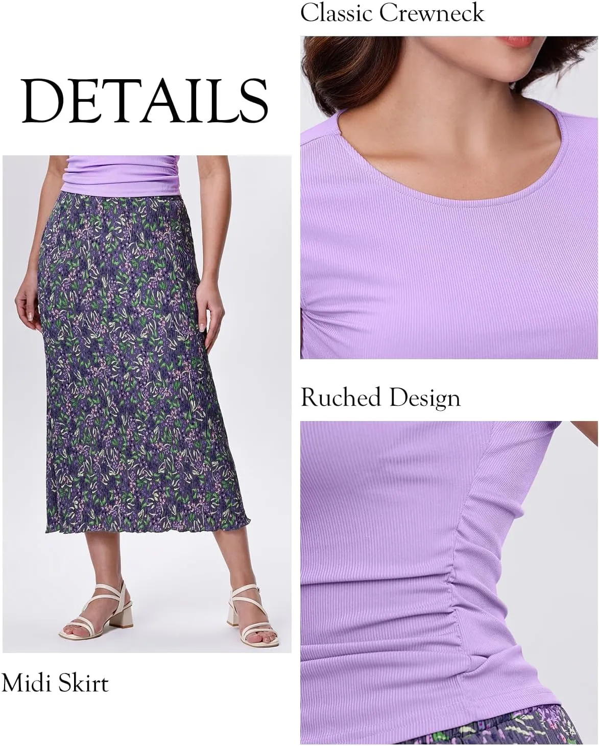 Kimmery Summer Casual Two Piece Skirt Set for Women Crew Neck Crop Tops Elastic Waist Midi Skirt Outfits