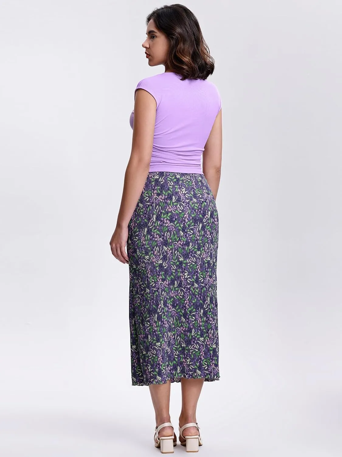 Kimmery Summer Casual Two Piece Skirt Set for Women Crew Neck Crop Tops Elastic Waist Midi Skirt Outfits