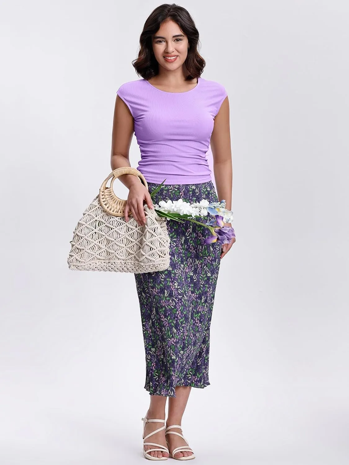 Kimmery Summer Casual Two Piece Skirt Set for Women Crew Neck Crop Tops Elastic Waist Midi Skirt Outfits