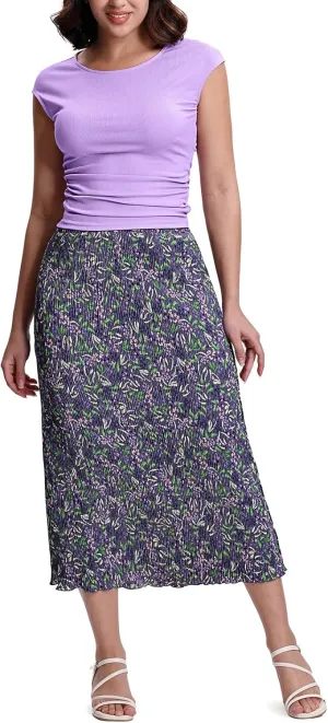 Kimmery Summer Casual Two Piece Skirt Set for Women Crew Neck Crop Tops Elastic Waist Midi Skirt Outfits