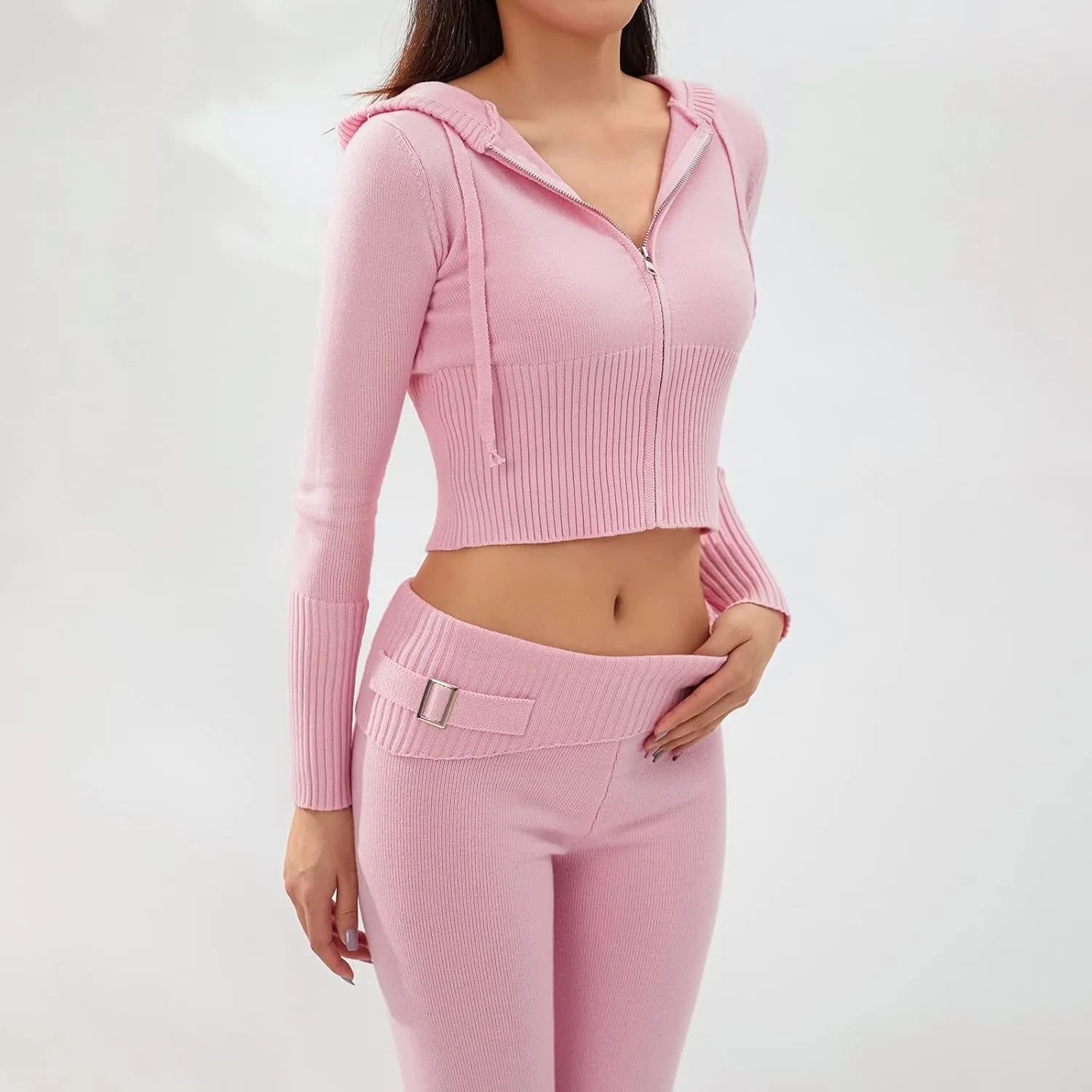 Kimydreama Women Knit 2 Piece Outfits Long Sleeve Zip Up Hoodie High Waist Skinny Long Pants Set Tracksuit Loungewear