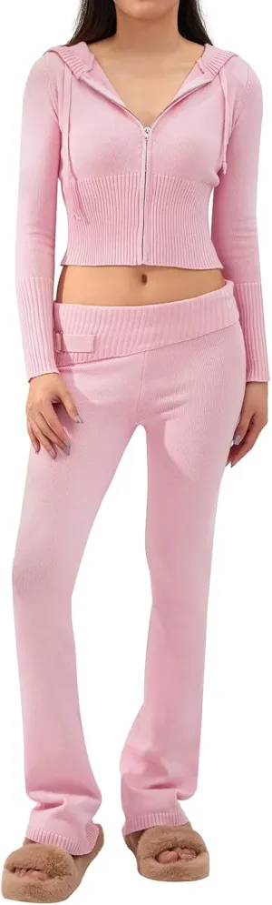 Kimydreama Women Knit 2 Piece Outfits Long Sleeve Zip Up Hoodie High Waist Skinny Long Pants Set Tracksuit Loungewear