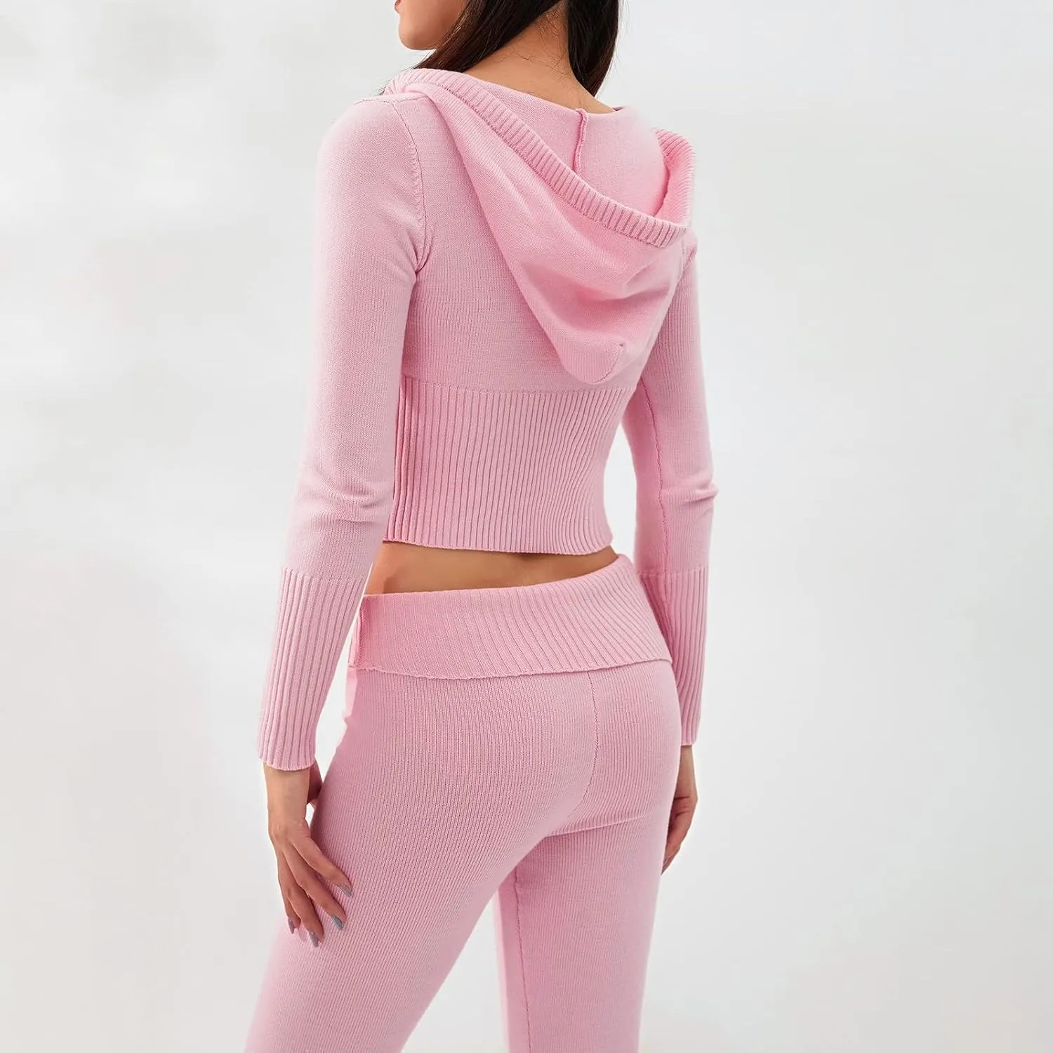 Kimydreama Women Knit 2 Piece Outfits Long Sleeve Zip Up Hoodie High Waist Skinny Long Pants Set Tracksuit Loungewear
