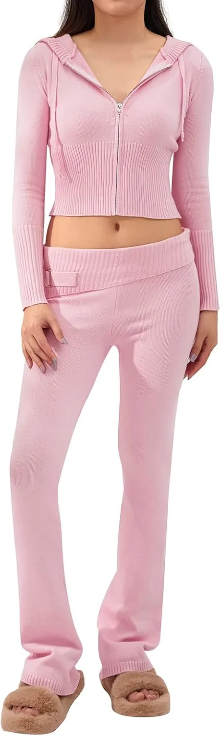 Kimydreama Women Knit 2 Piece Outfits Long Sleeve Zip Up Hoodie High Waist Skinny Long Pants Set Tracksuit Loungewear