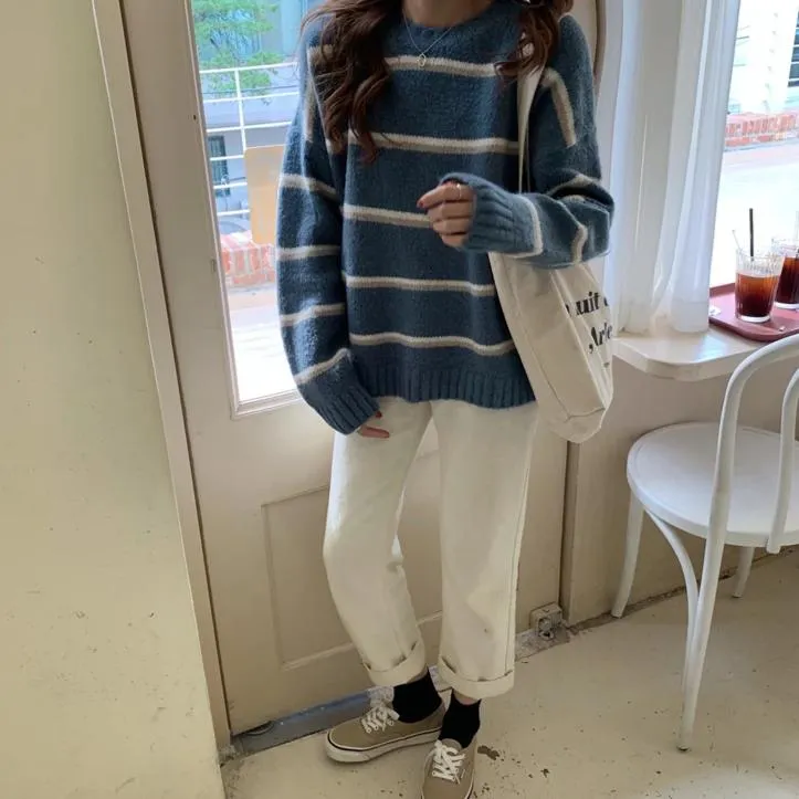 [Korean Style] Emma Stripe Round Neck Sweater