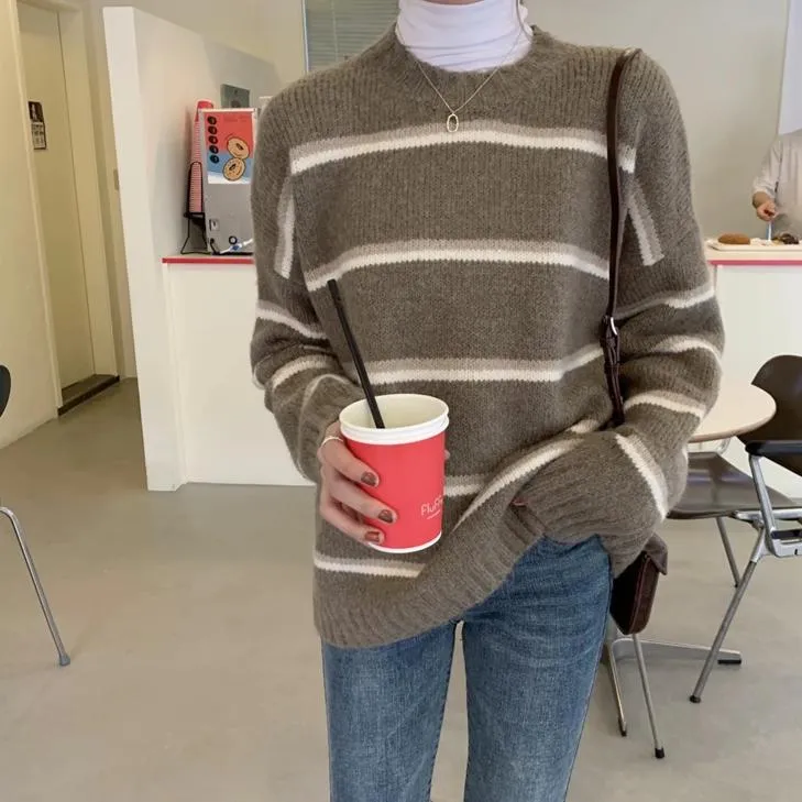 [Korean Style] Emma Stripe Round Neck Sweater
