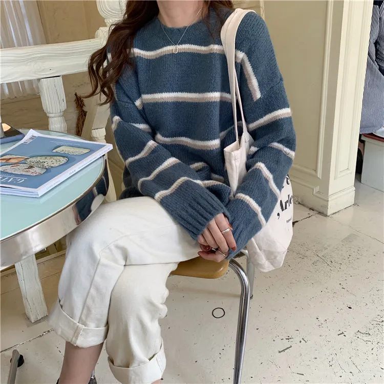 [Korean Style] Emma Stripe Round Neck Sweater
