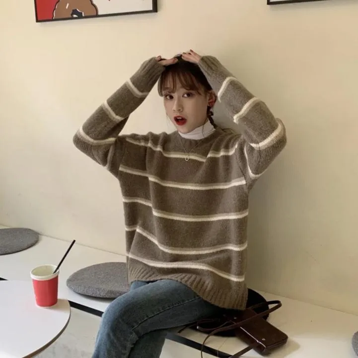 [Korean Style] Emma Stripe Round Neck Sweater