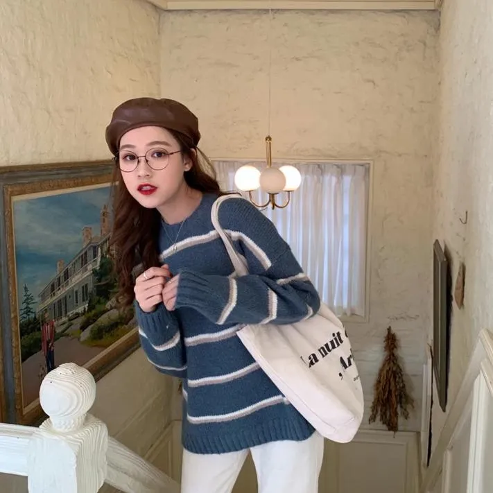 [Korean Style] Emma Stripe Round Neck Sweater