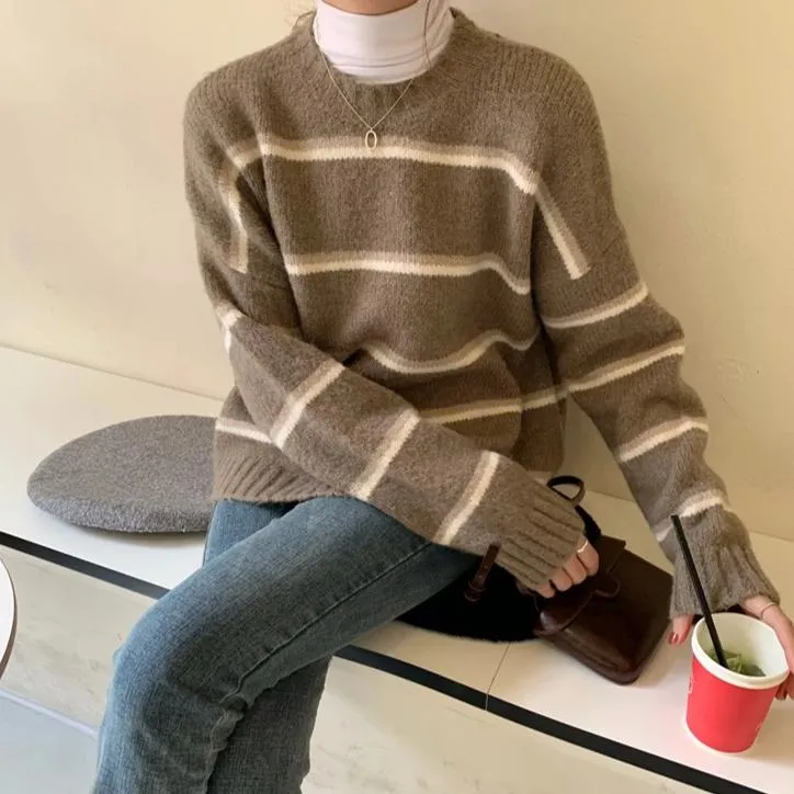 [Korean Style] Emma Stripe Round Neck Sweater