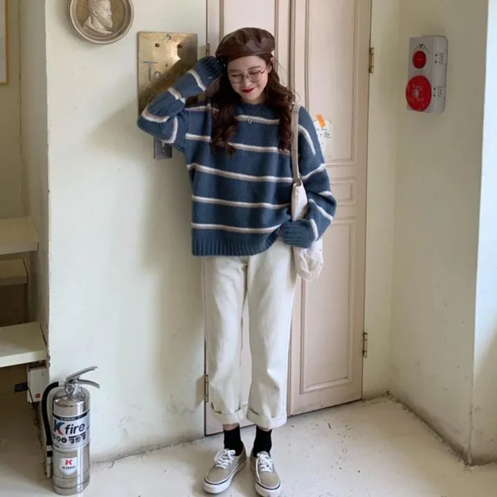 [Korean Style] Emma Stripe Round Neck Sweater