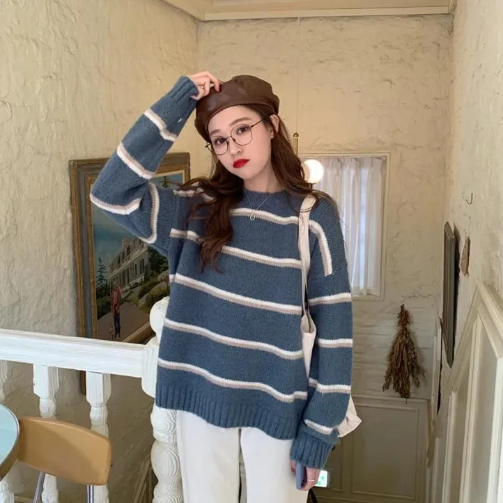 [Korean Style] Emma Stripe Round Neck Sweater