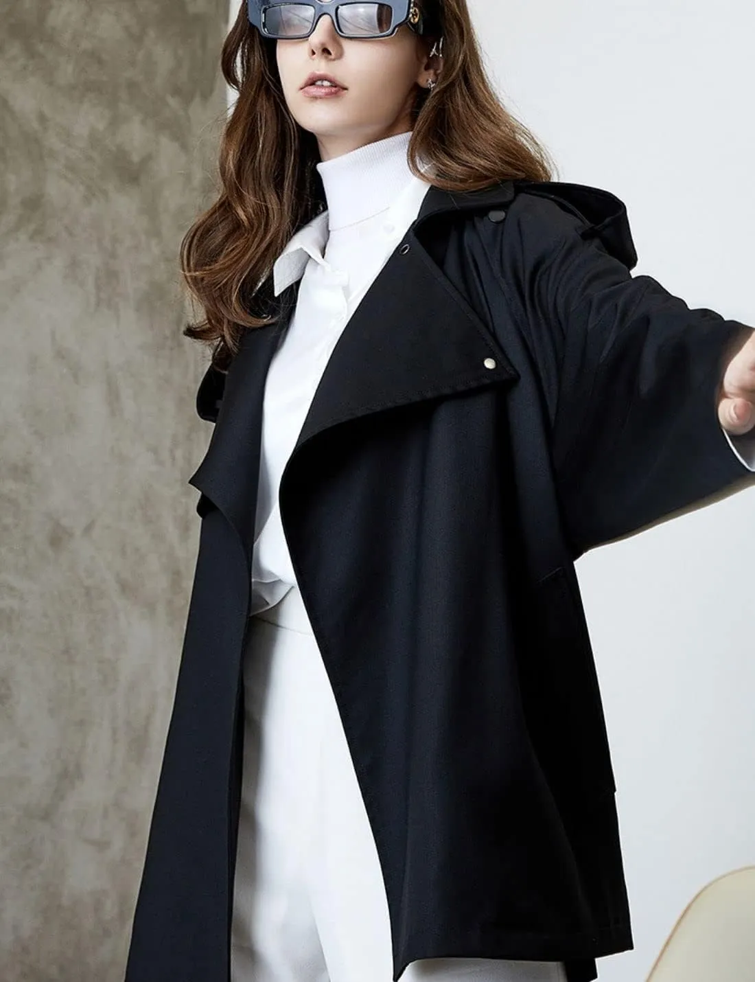 Kwoki Women's Short Trench Coat with Belt Double Breasted Notched Lapel Windbeaker Outwear Pea Coat