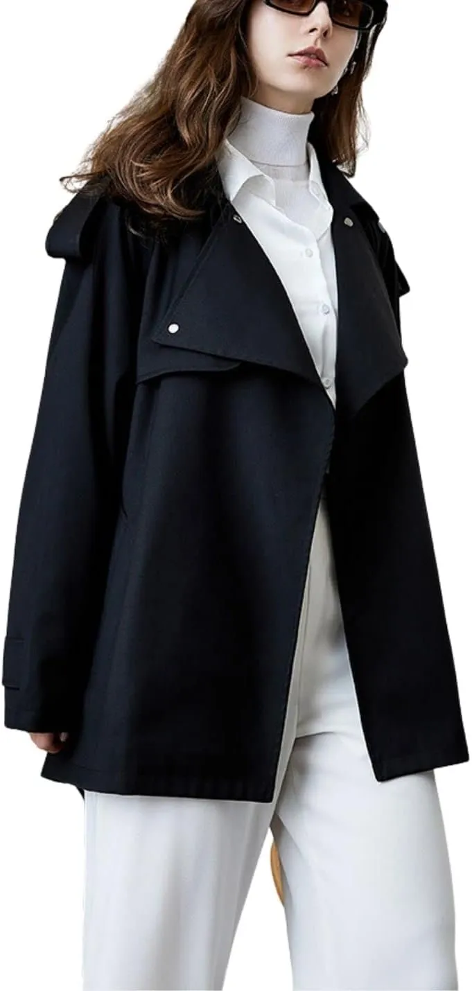 Kwoki Women's Short Trench Coat with Belt Double Breasted Notched Lapel Windbeaker Outwear Pea Coat